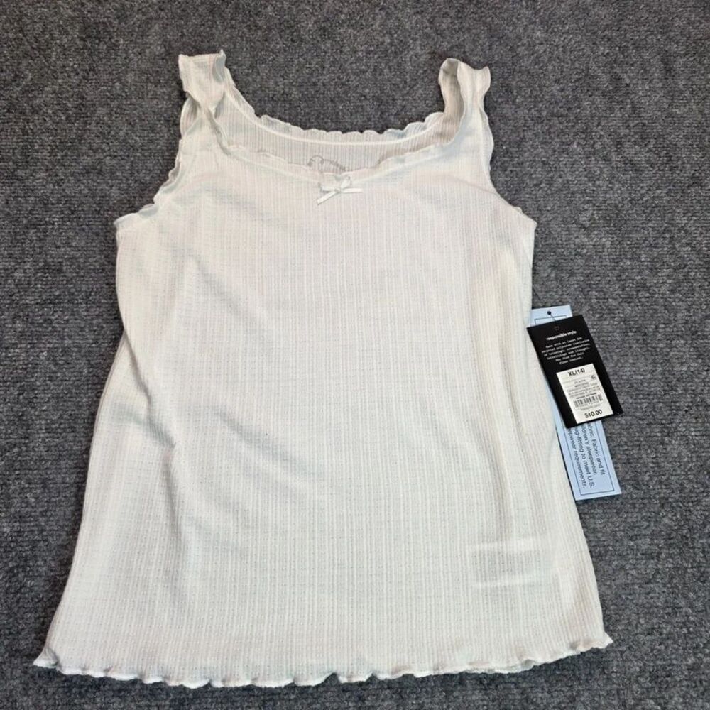 Girls White Ribbed Lettuce Trim Sleeveless Tank Top Size 14